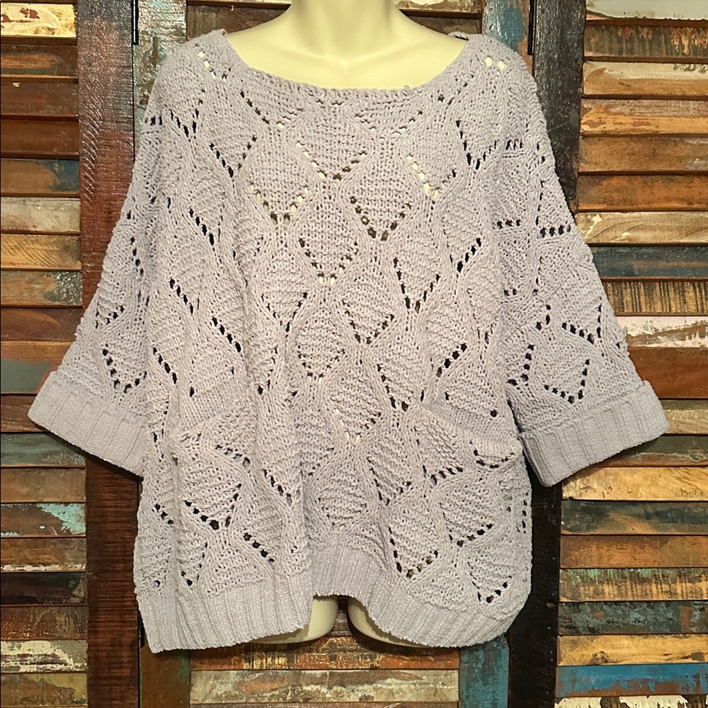 Ethereal Soft Gray open knit boxy sweater with pockets small